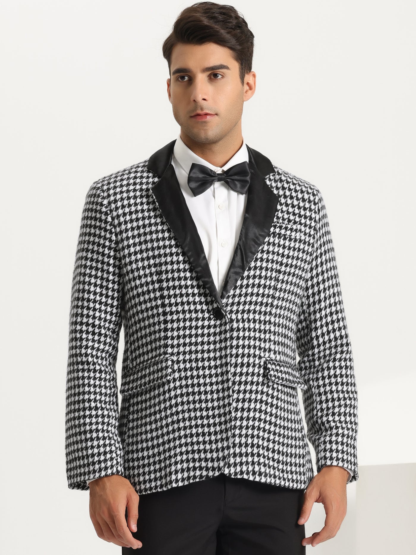 Bublédon Houndstooth Print Blazer for Men's Slim Fit Contrast Collared Plaid Sports Coat