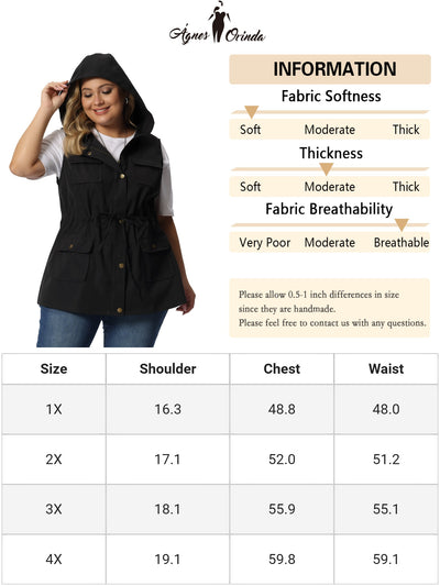 Women's Plus Size Utility Vest Sleeveless Anorak Cargo Drawstring Jackets