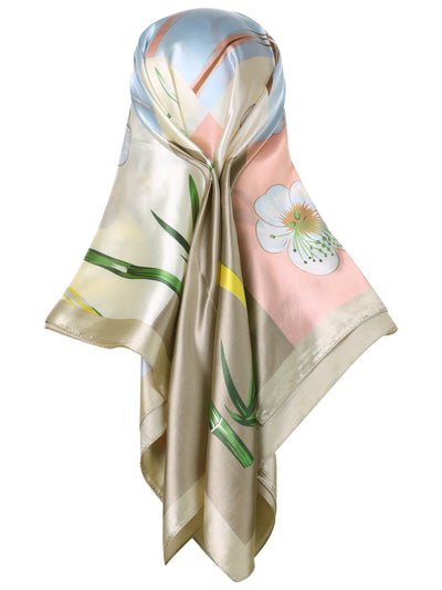Women's Floral Printed Square Scarf, 35" Large Silk Feeling Satin Scarves Head Wrap Bandanas