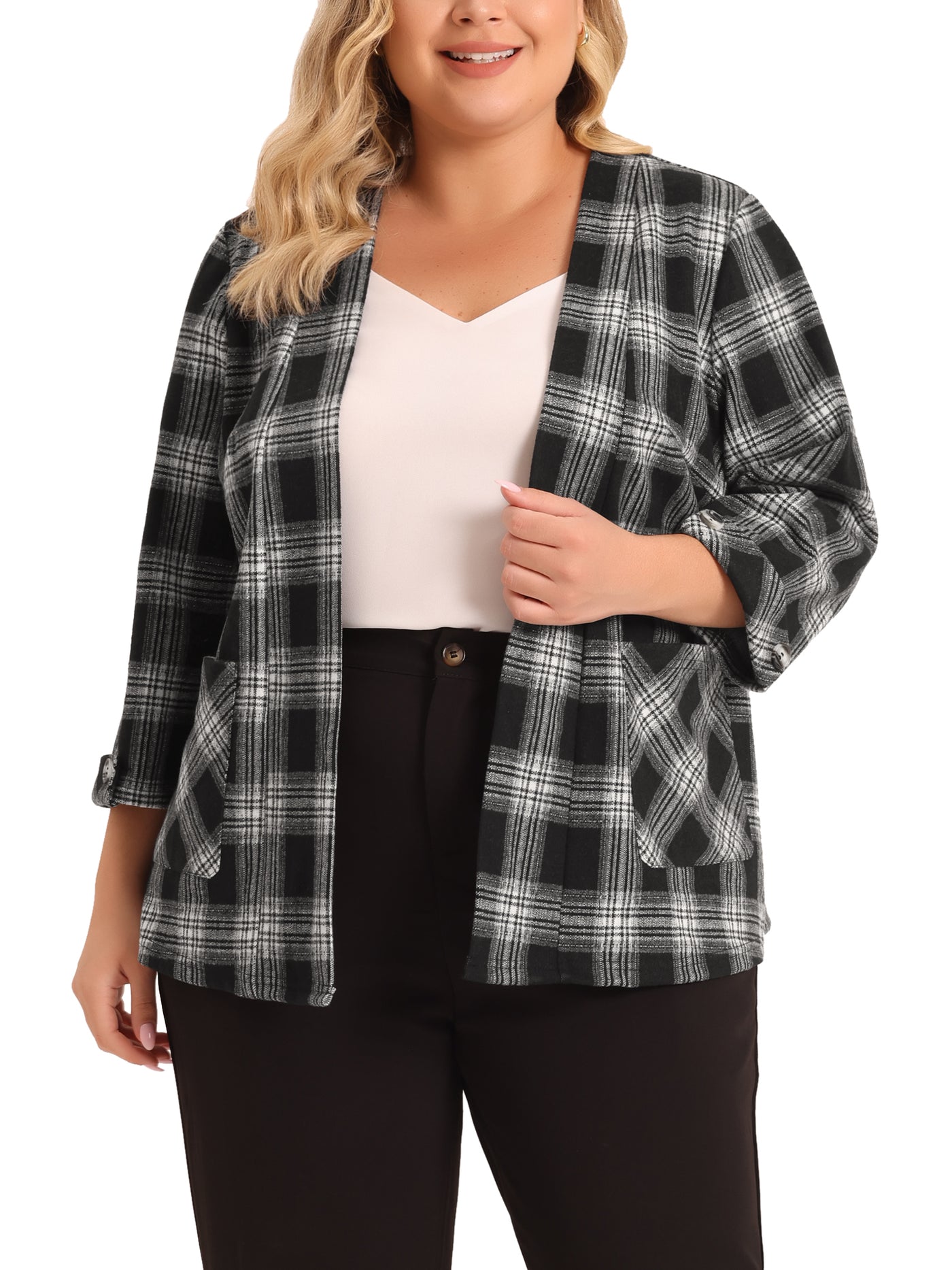 Bublédon Plus Size Blazer for Women Plaid Jacket Suits 3/4 Sleeves Work Office Blazers