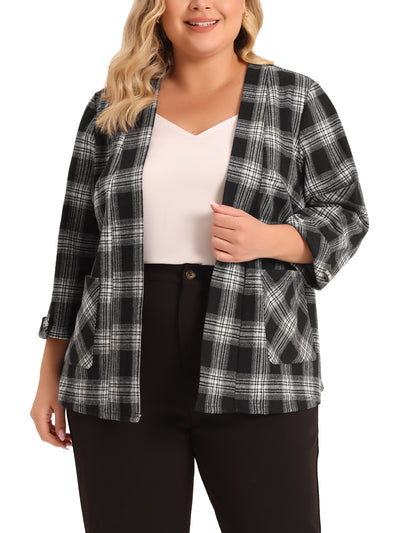 Plus Size Blazer for Women Plaid Jacket Suits 3/4 Sleeves Work Office Blazers