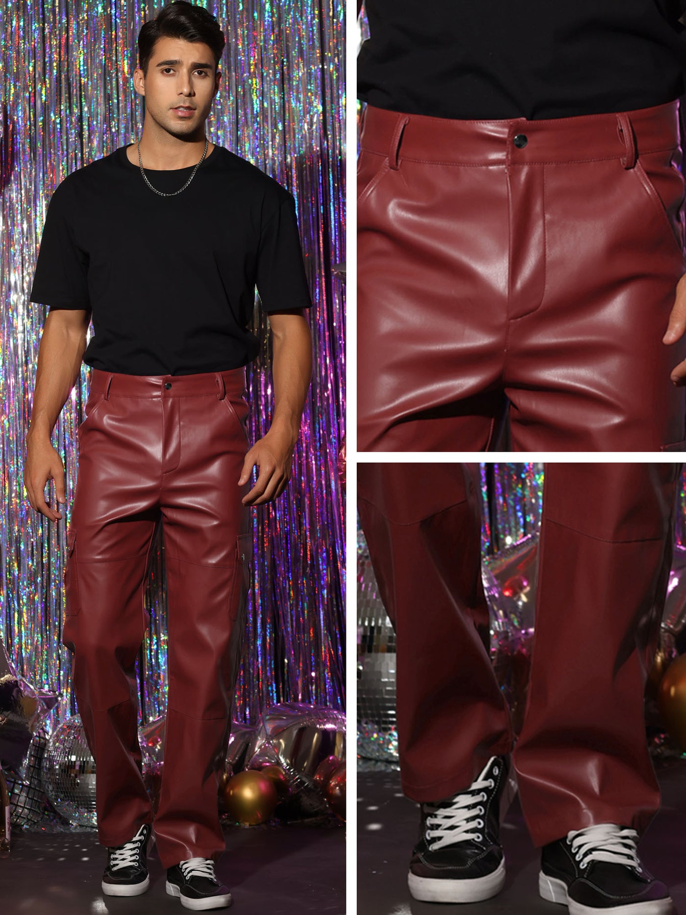 Bublédon Faux Leather Pants for Men's Slim Fit Hip Hop Motorcycle Cargo Punk Trousers