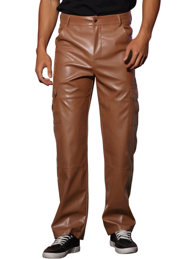 Faux Leather Pants for Men's Slim Fit Hip Hop Motorcycle Cargo Punk Trousers