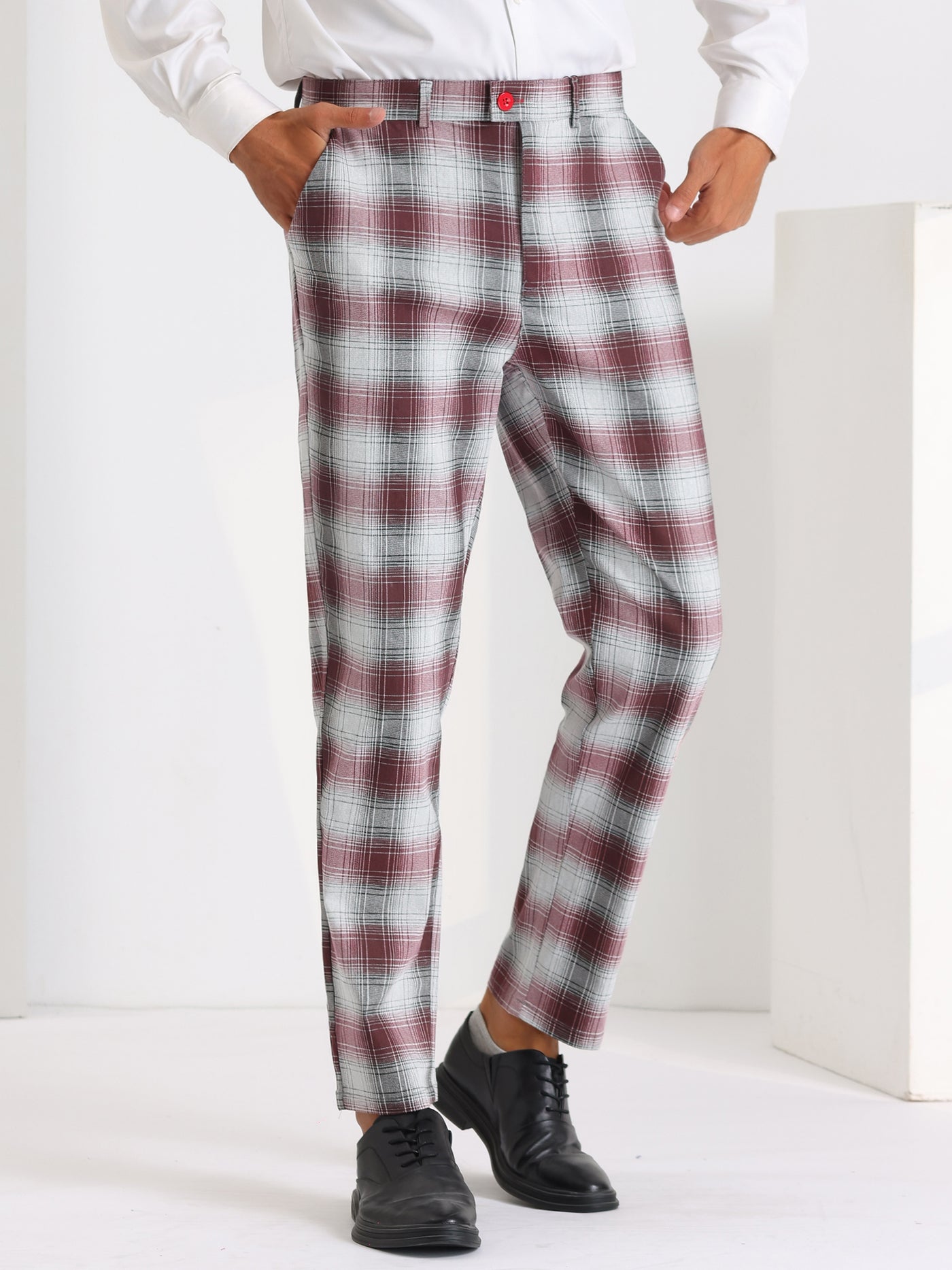 Bublédon Classic Checked Dress Pants for Men's Flat Front Plaid Pattern Trousers