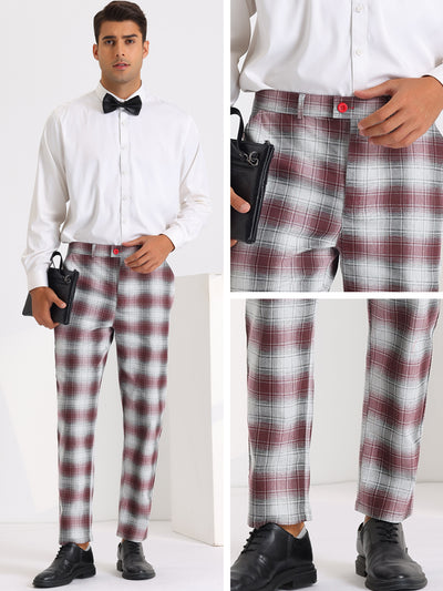 Classic Checked Dress Pants for Men's Flat Front Plaid Pattern Trousers