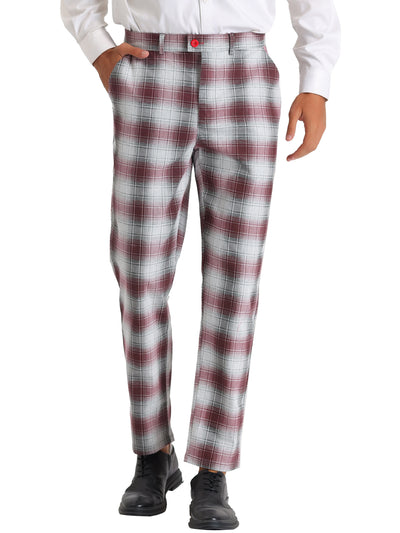 Classic Checked Dress Pants for Men's Flat Front Plaid Pattern Trousers