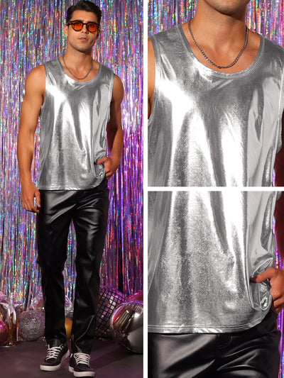 Metallic Tank Top for Men's Round Neck Shiny Disco Party Sleeveless T-Shirt Vest