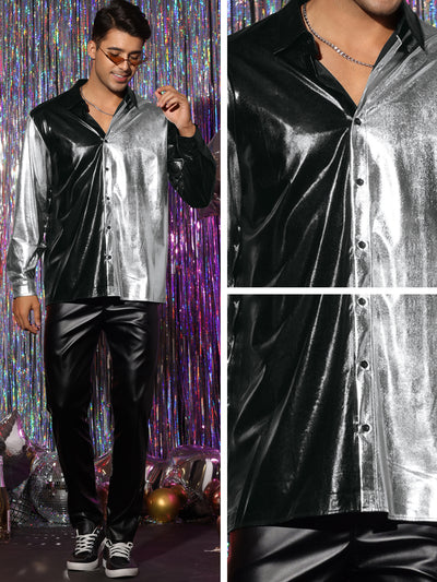 Metallic Shirt for Men's Button Down Colorblock Patchwork Disco Shiny Dress Shirts