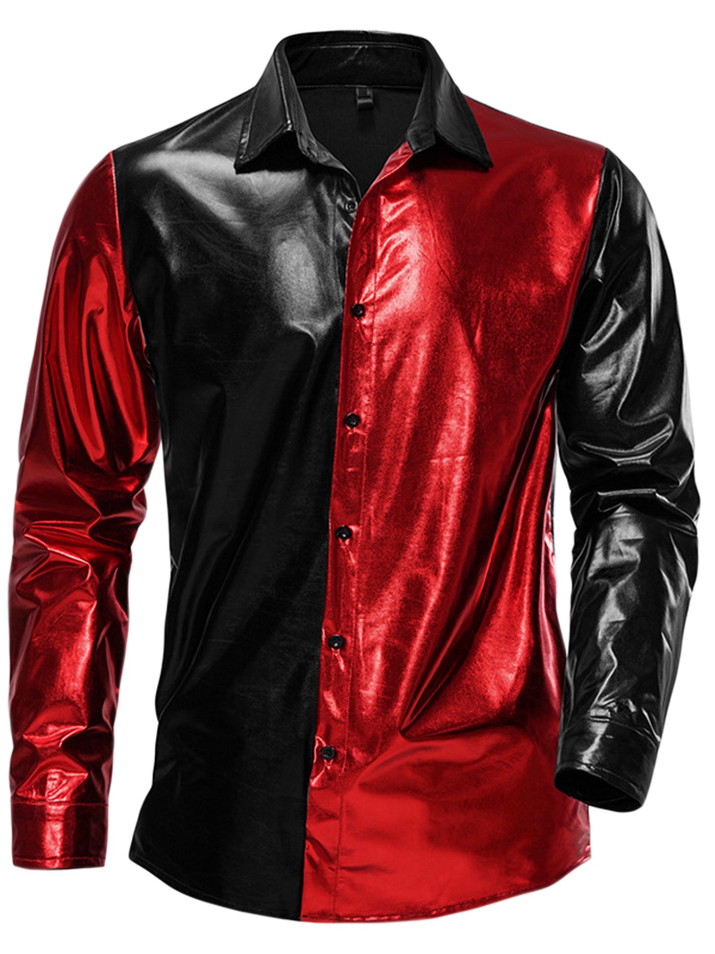 Bublédon Metallic Shirt for Men's Button Down Colorblock Patchwork Disco Shiny Dress Shirts