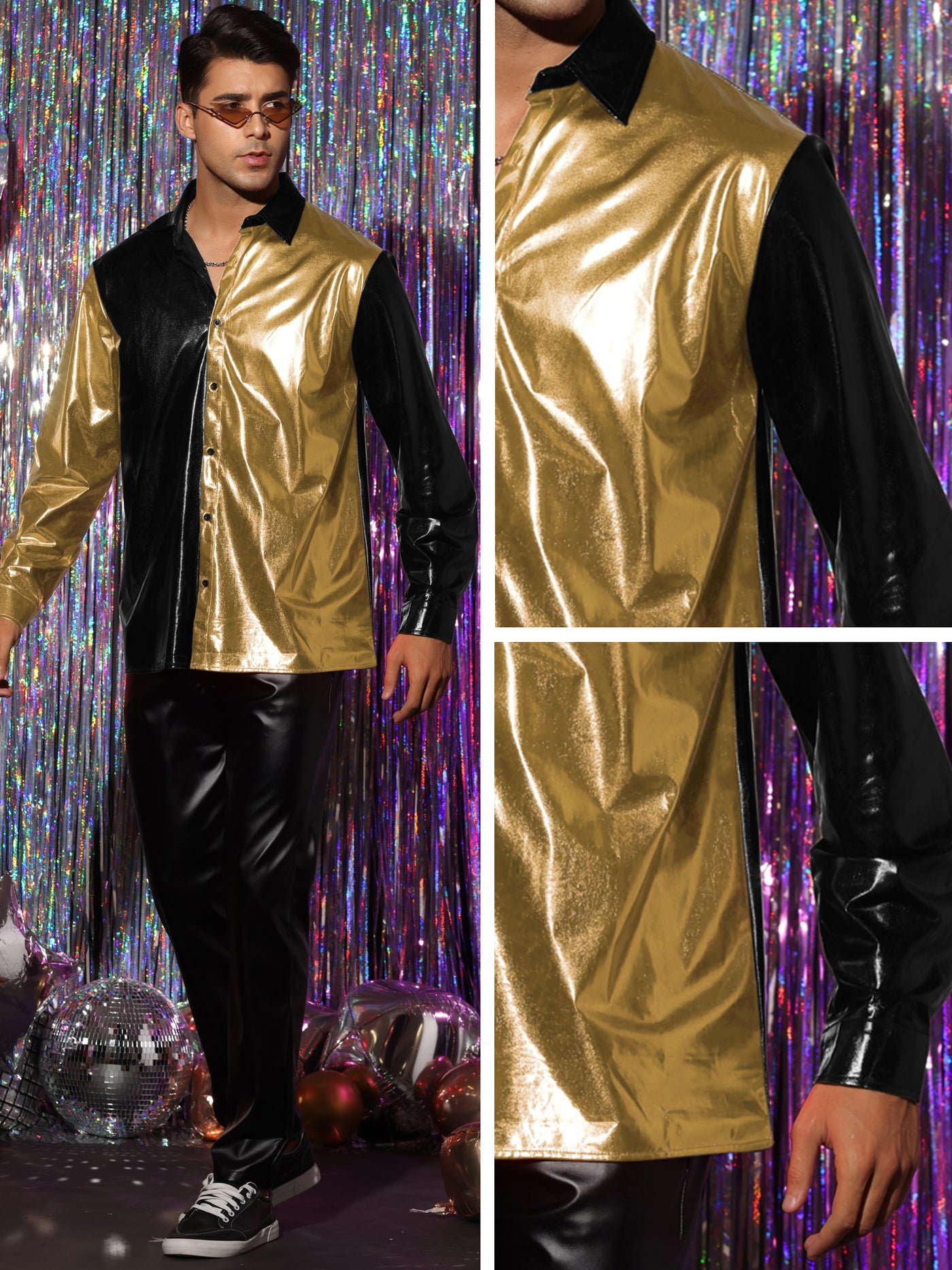 Bublédon Metallic Shirt for Men's Button Down Colorblock Patchwork Disco Shiny Dress Shirts