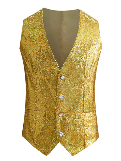 Sequin Suit Vest for Men's V-Neck Sleeveless Disco Sparkly Waistcoat