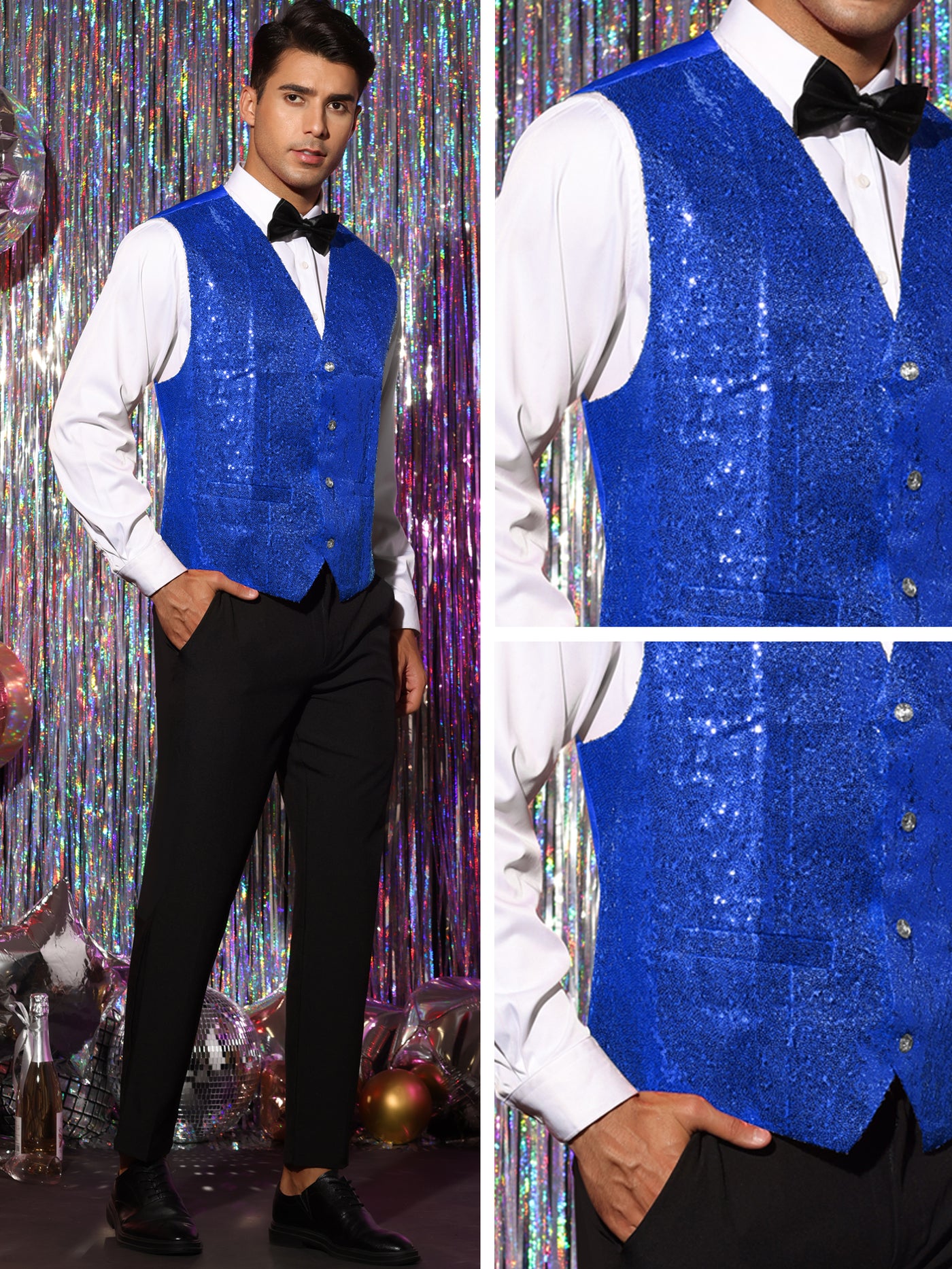 Bublédon Sequin Suit Vest for Men's V-Neck Sleeveless Disco Sparkly Waistcoat