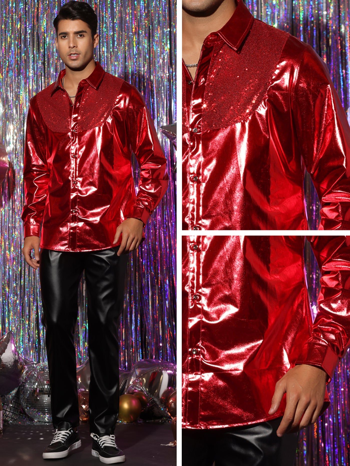 Bublédon Sequin Shirt for Men's Metallic Slim Fit Button Down Party Disco Shiny Shirts
