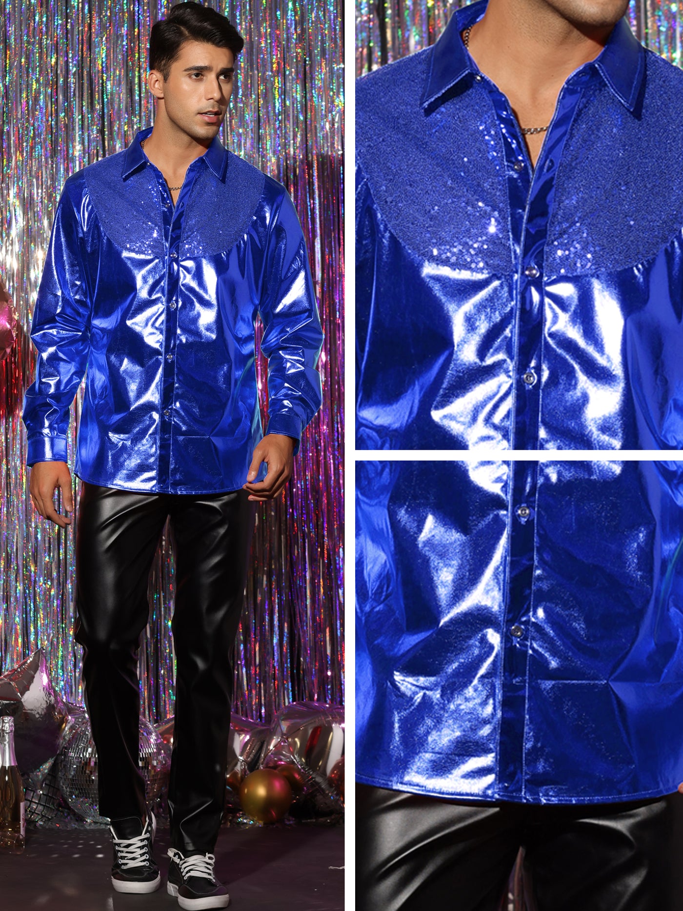 Bublédon Sequin Shirt for Men's Metallic Slim Fit Button Down Party Disco Shiny Shirts