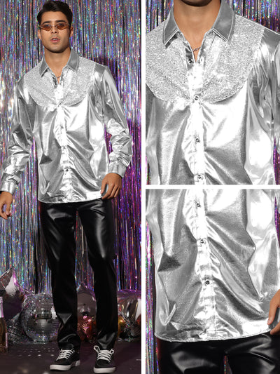 Sequin Shirt for Men's Metallic Slim Fit Button Down Party Disco Shiny Shirts