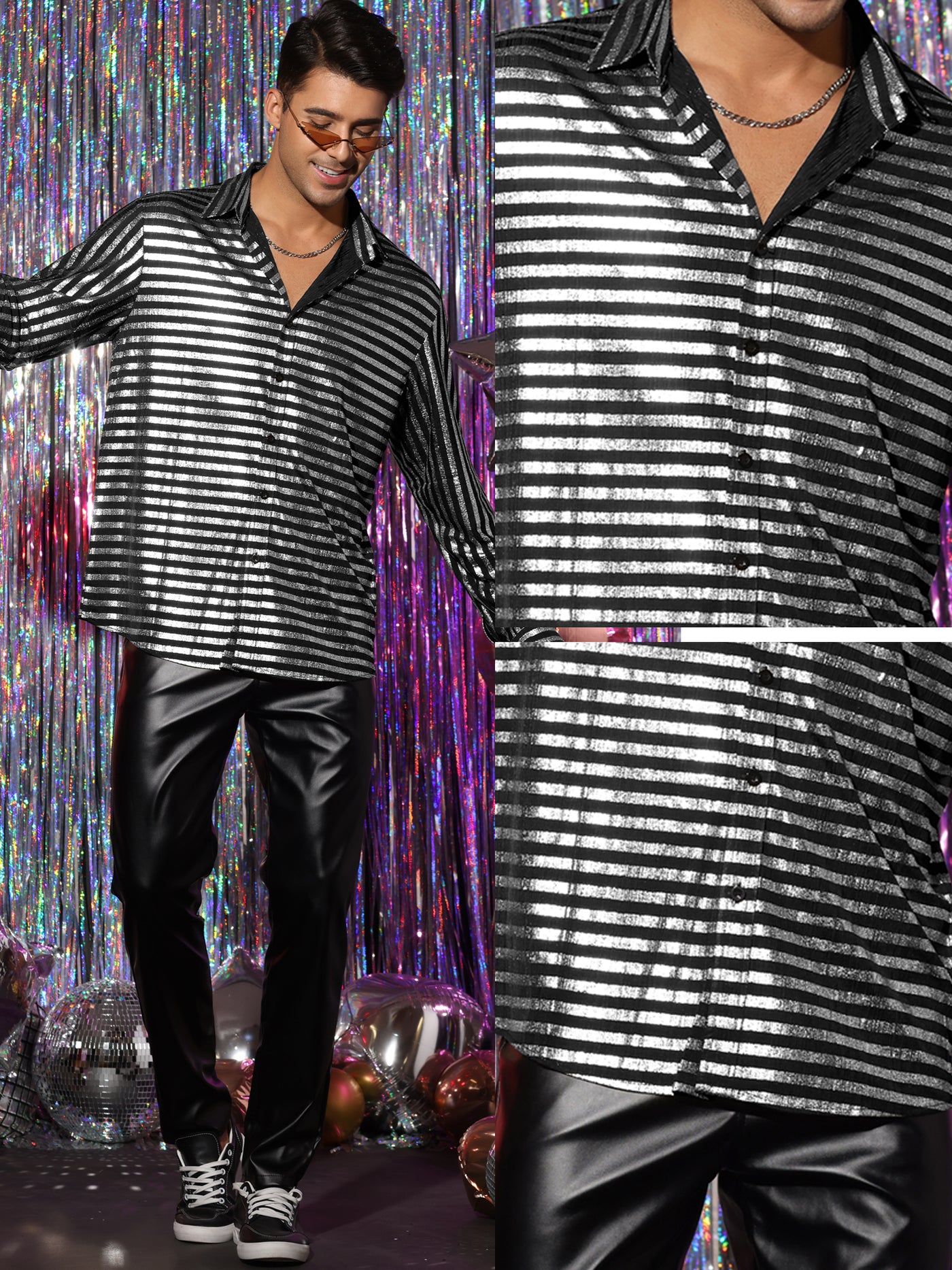 Bublédon Striped Metallic Shirts for Men's Slim Fit Long Sleeves Prom Party Shirt