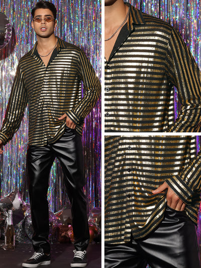 Striped Metallic Shirts for Men's Slim Fit Long Sleeves Prom Party Shirt