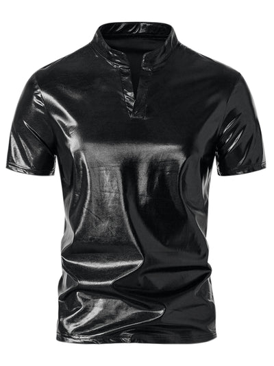 Metallic T-Shirt for Men's Stand Collared Shiny Disco Party Short Sleeves Polo Tee