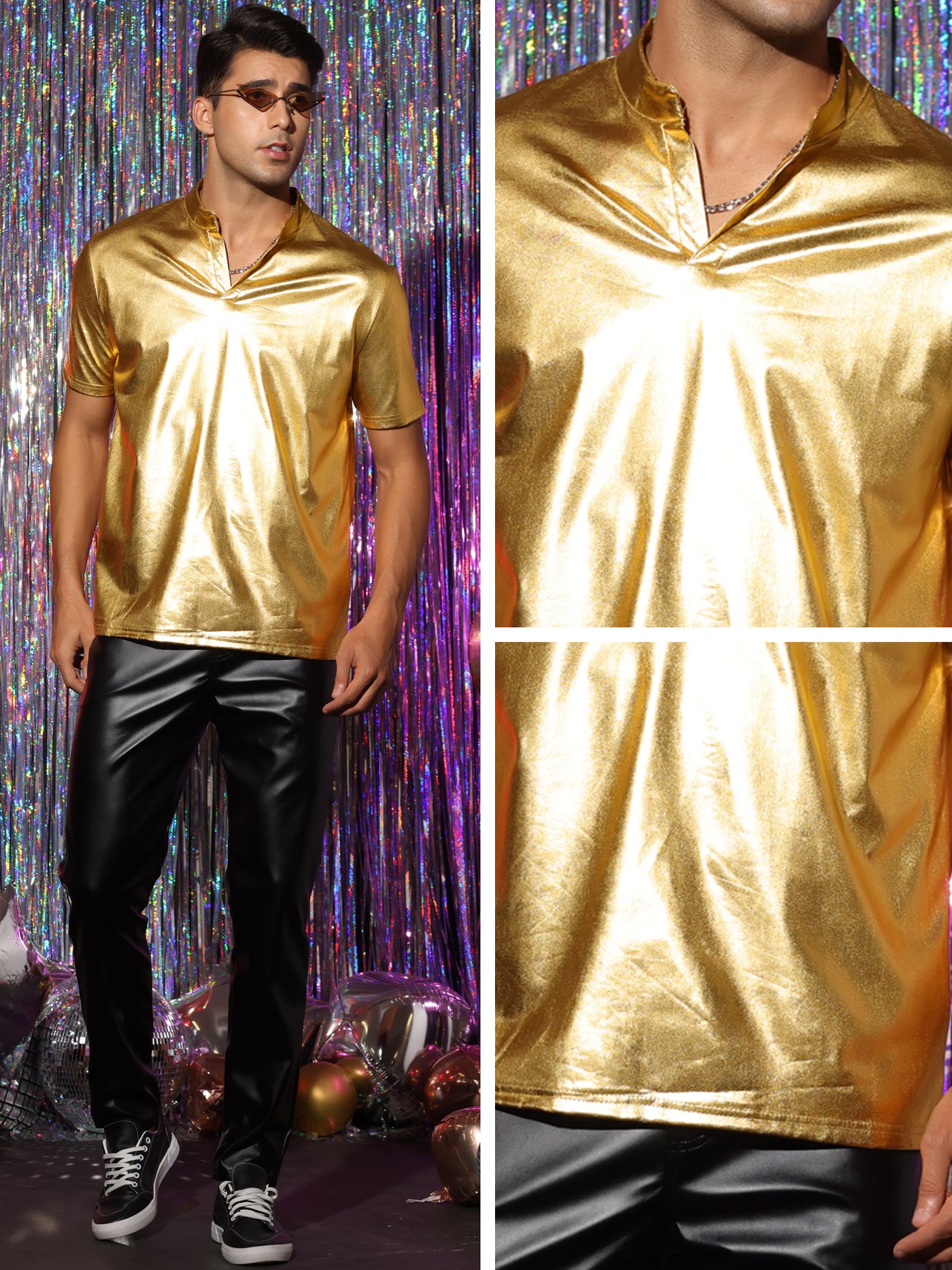 Bublédon Metallic T-Shirt for Men's Stand Collared Shiny Disco Party Short Sleeves Polo Tee