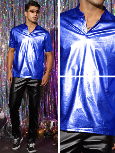 Metallic T-Shirt for Men's Stand Collared Shiny Disco Party Short Sleeves Polo Tee