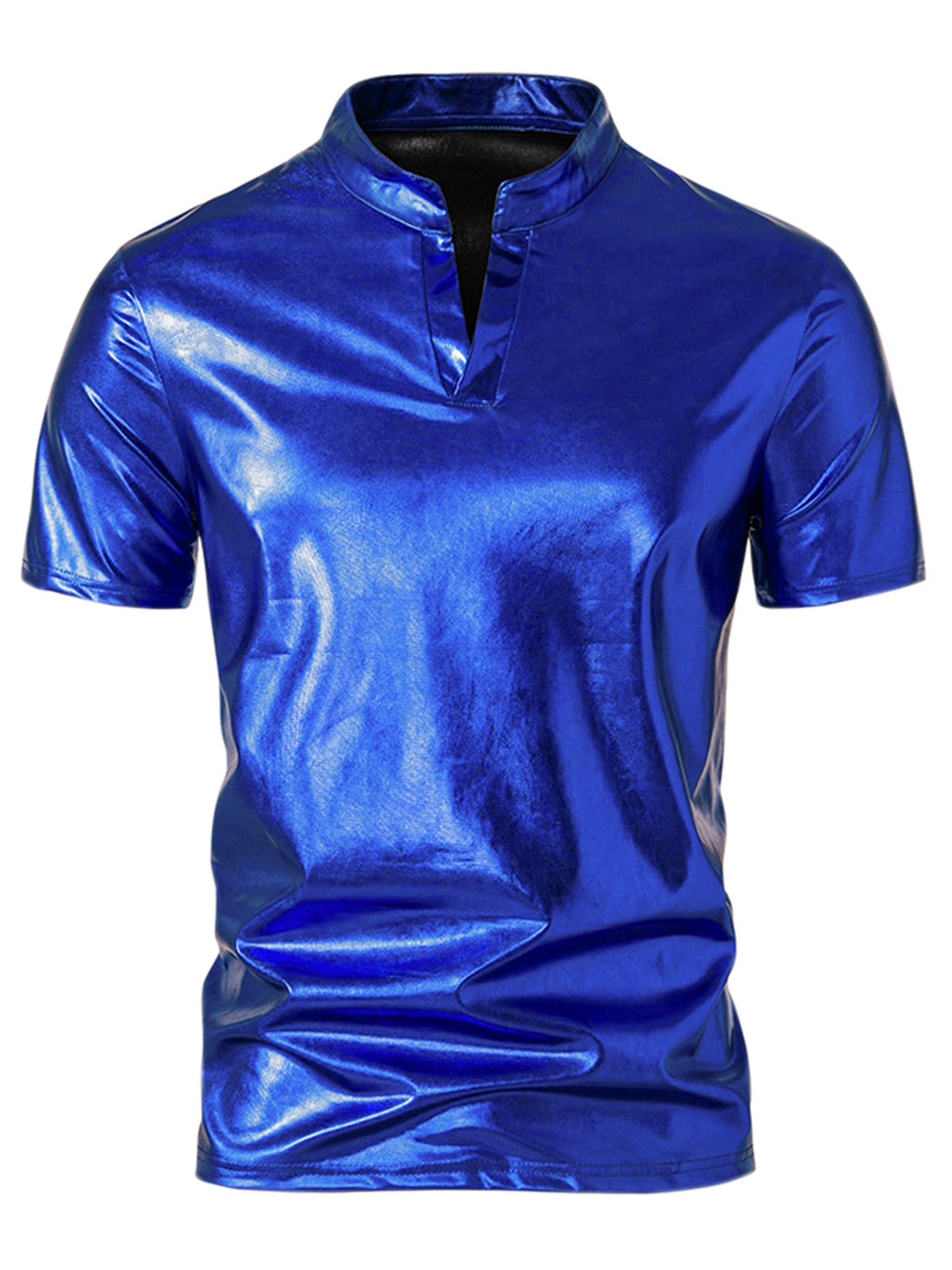 Bublédon Metallic T-Shirt for Men's Stand Collared Shiny Disco Party Short Sleeves Polo Tee
