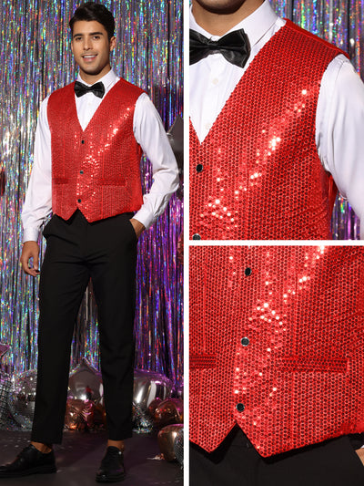 Shiny Sequin Vest for Men's V-Neck Party Sleeveless Suit Waistcoat