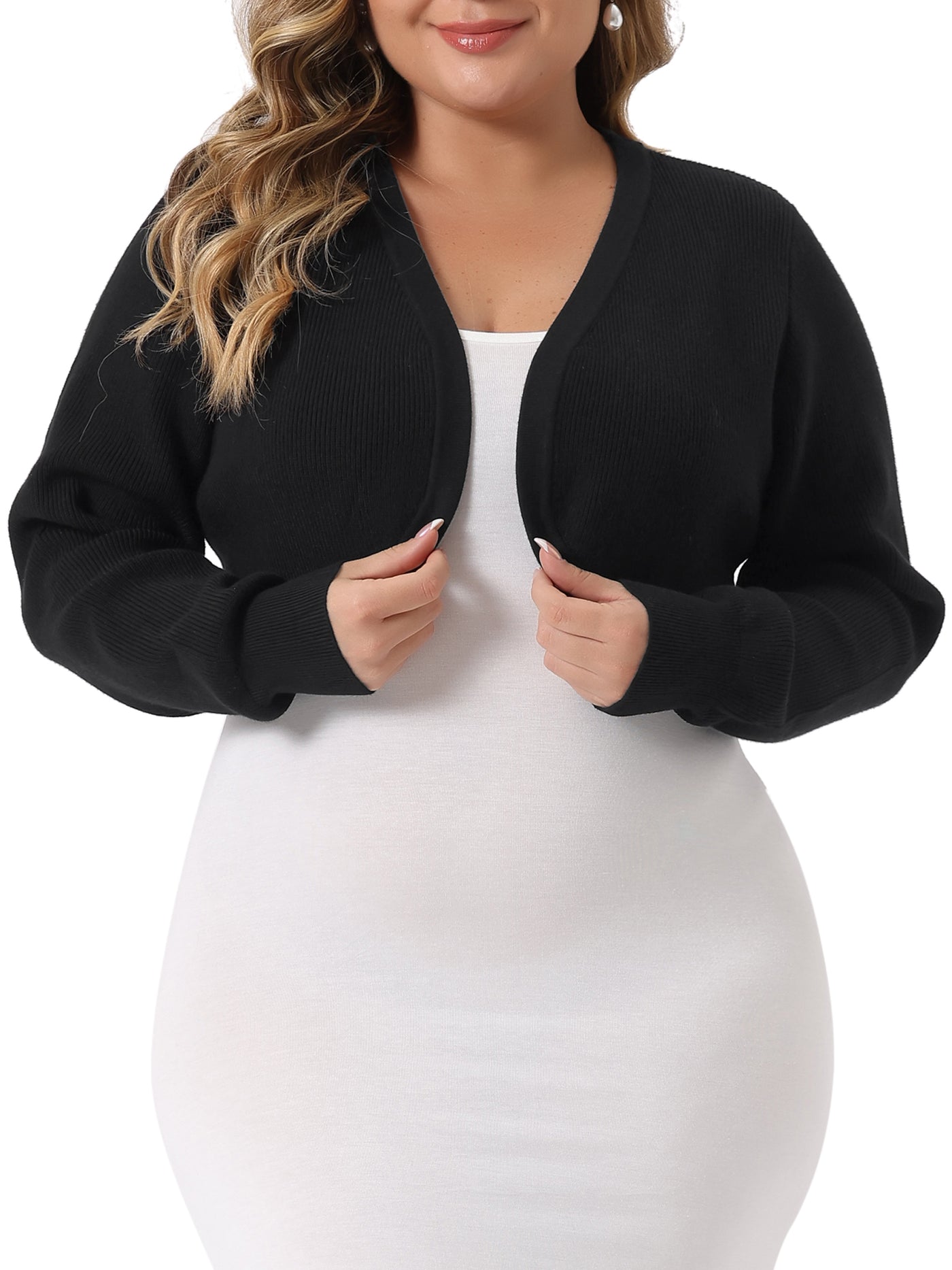Bublédon Plus Size Long Sleeve Open Front Ribbed Soft Knit Crop Cardigan Sweaters