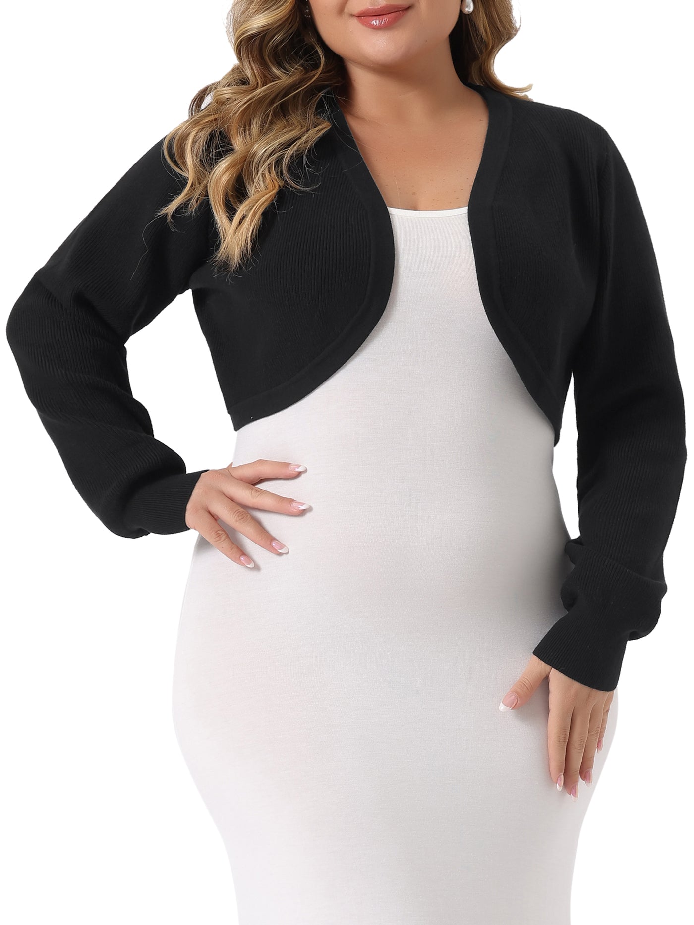 Bublédon Plus Size Long Sleeve Open Front Ribbed Soft Knit Crop Cardigan Sweaters