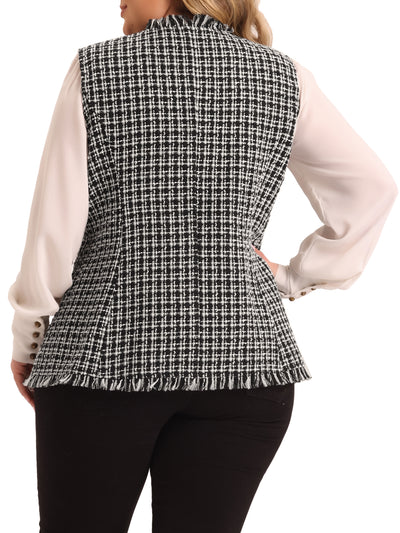 Plus Size Vest for Women Plaid Button Open Front V Neck Sleeveless Blazer Jacket Outwear