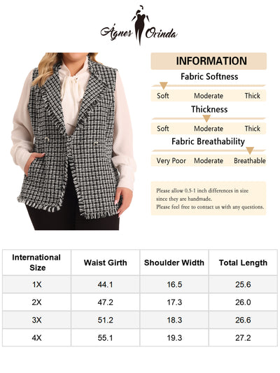 Plus Size Vest for Women Plaid Button Open Front V Neck Sleeveless Blazer Jacket Outwear