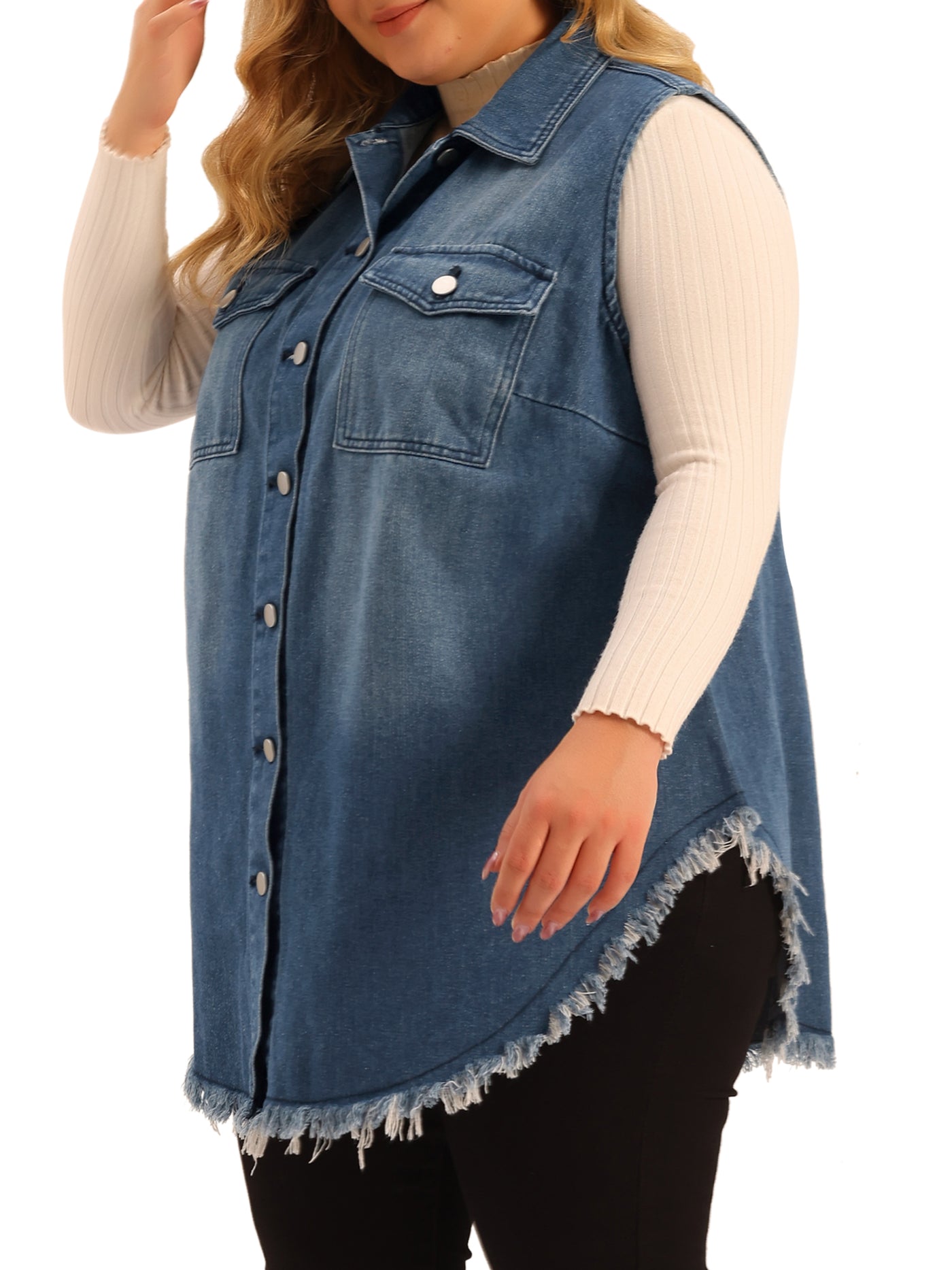 Bublédon Women's Plus Size Button Up Frayed Hem Shacket Sleeveless Pockets Denim Jean Jacket Vest