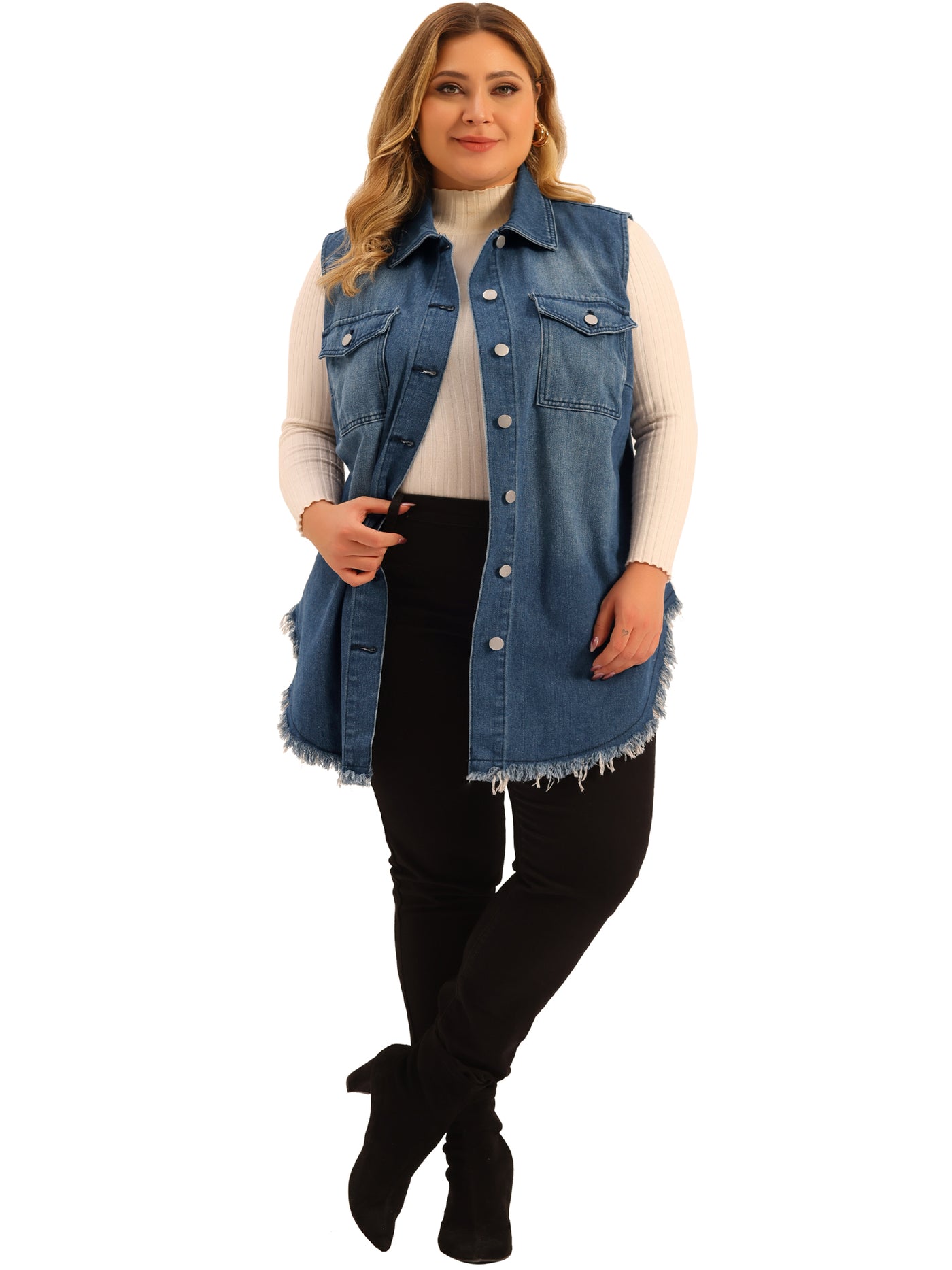 Bublédon Women's Plus Size Button Up Frayed Hem Shacket Sleeveless Pockets Denim Jean Jacket Vest