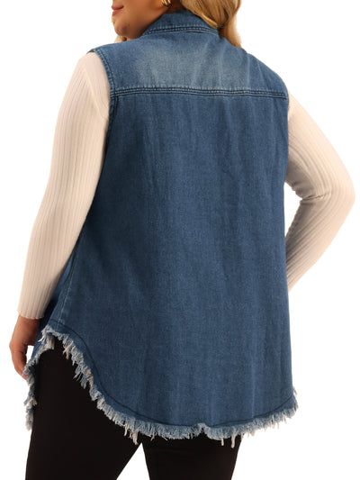 Women's Plus Size Button Up Frayed Hem Shacket Sleeveless Pockets Denim Jean Jacket Vest
