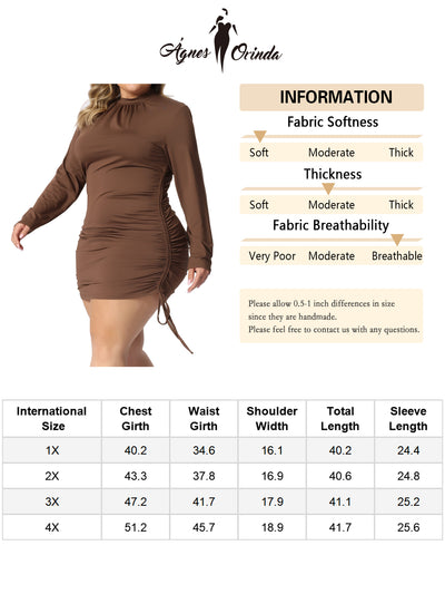 Plus Size Bodycon Dress for Women Drawstring Ruched Long Sleeve Party Cocktail Mini Dresses
