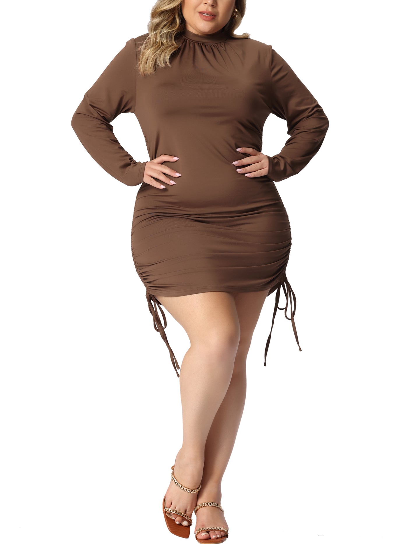 Bublédon Plus Size Bodycon Dress for Women Drawstring Ruched Long Sleeve Party Cocktail Mini Dresses