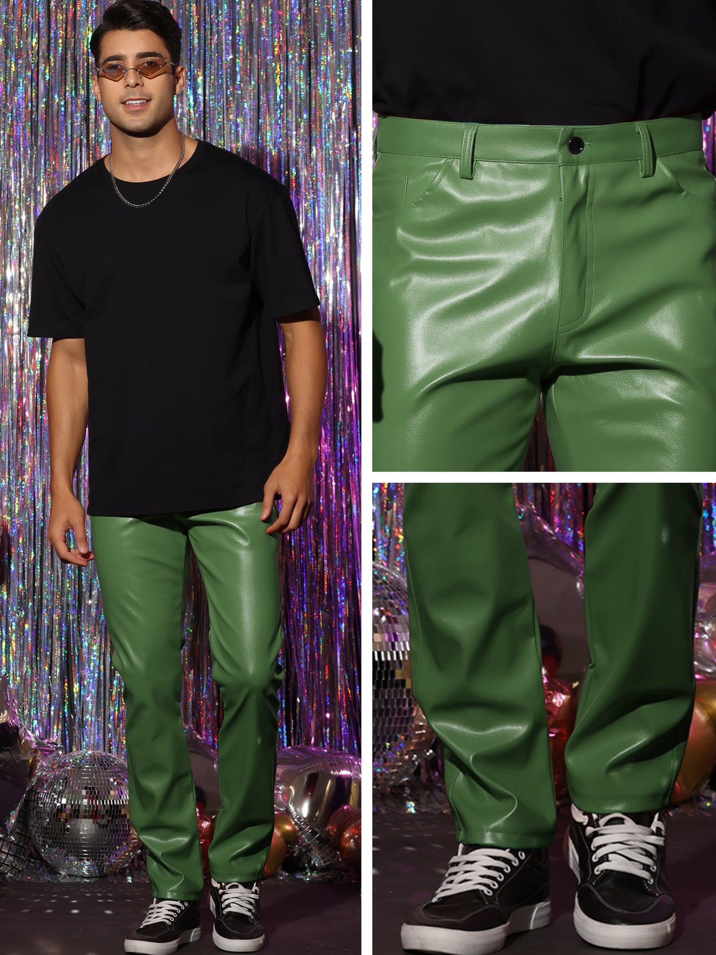 Bublédon Faux Leather Pants for Men's Slim Fit Solid Color Nightclub Disco Skinny Trousers