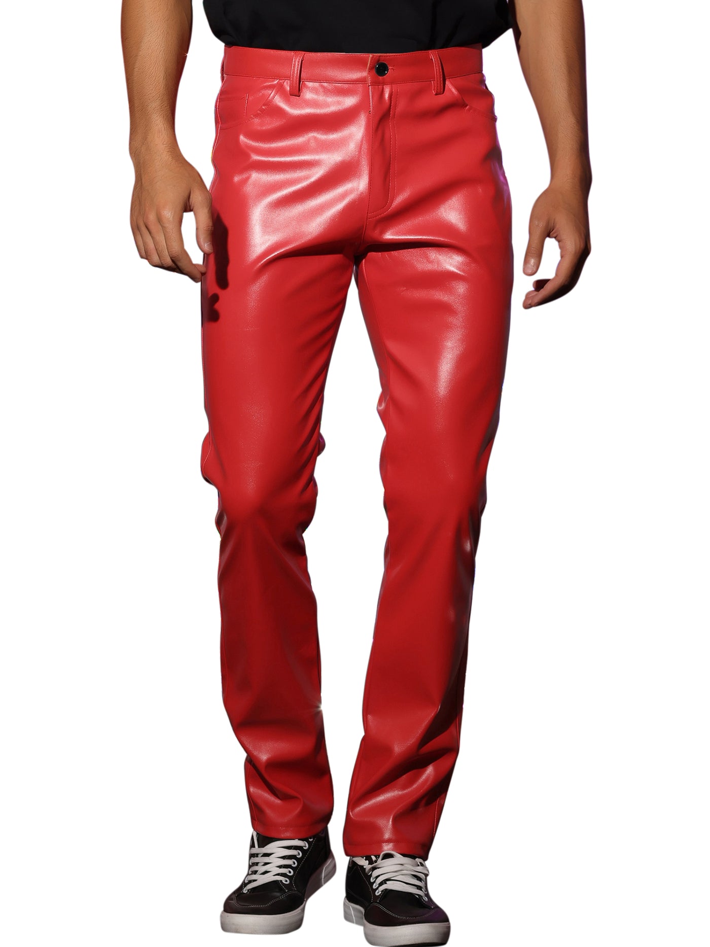 Bublédon Faux Leather Pants for Men's Slim Fit Solid Color Nightclub Disco Skinny Trousers