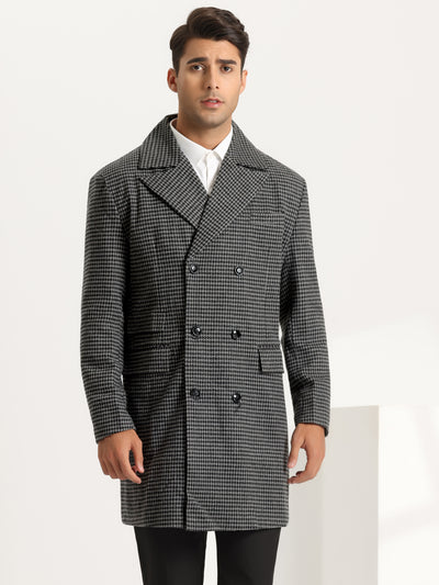 Houndstooth Pea Coat for Men's Winter Notched Lapel Double Breasted Printed Overcoats