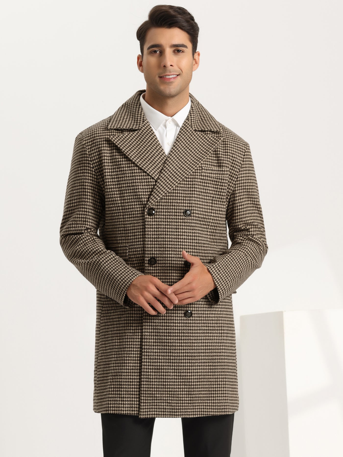 Bublédon Houndstooth Pea Coat for Men's Winter Notched Lapel Double Breasted Printed Overcoats