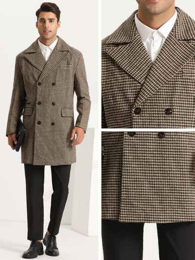 Houndstooth Pea Coat for Men's Winter Notched Lapel Double Breasted Printed Overcoats