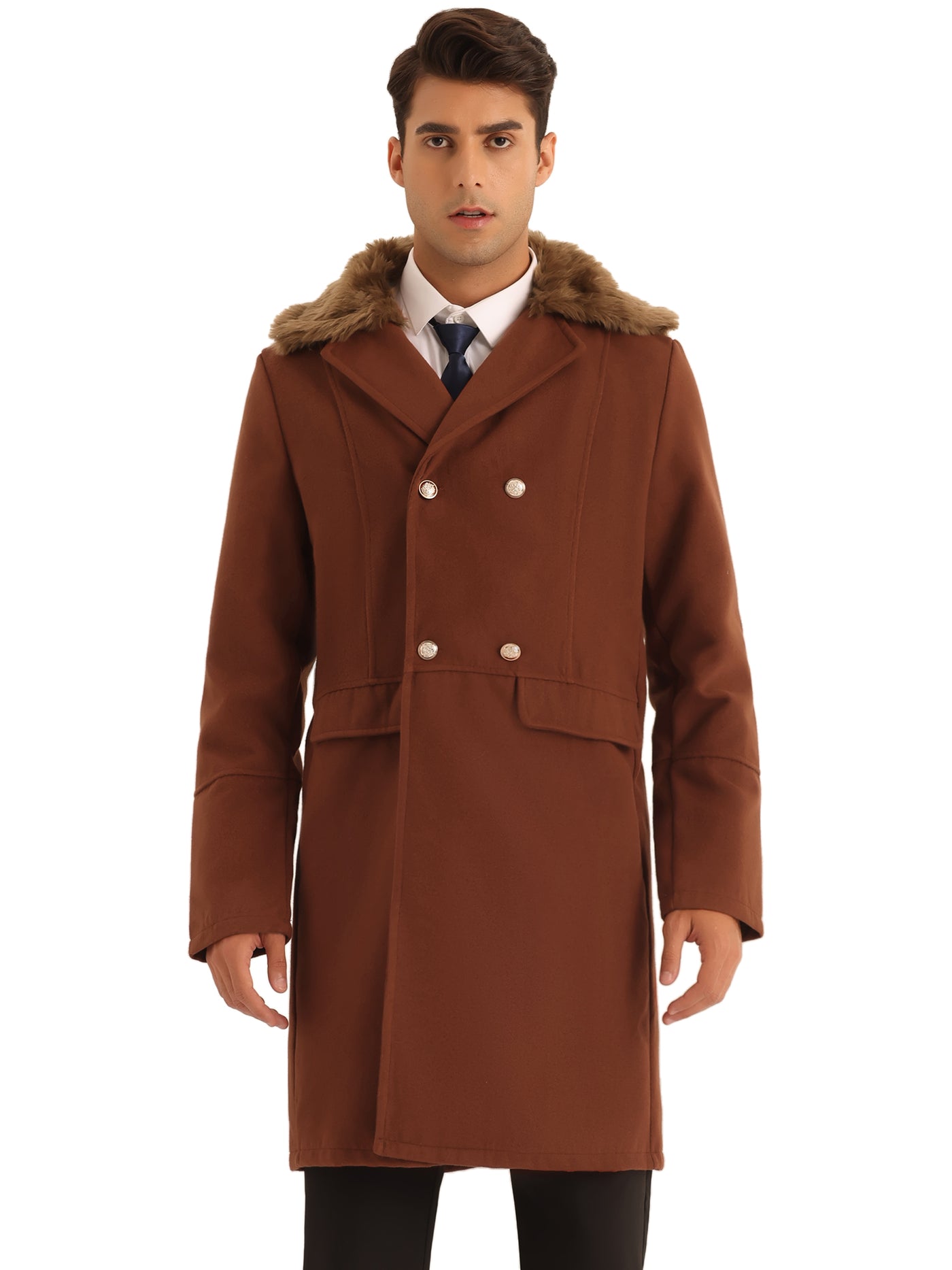 Bublédon Trench Coat for Men's Double Breasted Removable Faux Fur Collar Winter Overcoat