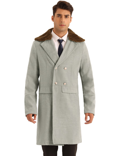 Trench Coat for Men's Double Breasted Removable Faux Fur Collar Winter Overcoat