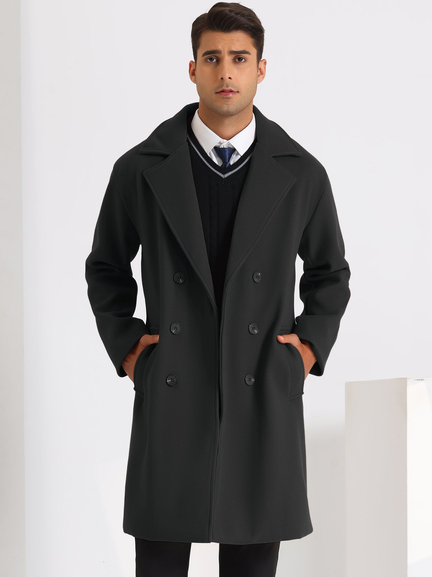 Bublédon Notch Lapel Long Coat Men's Classic Solid Color Double Breasted Overcoat