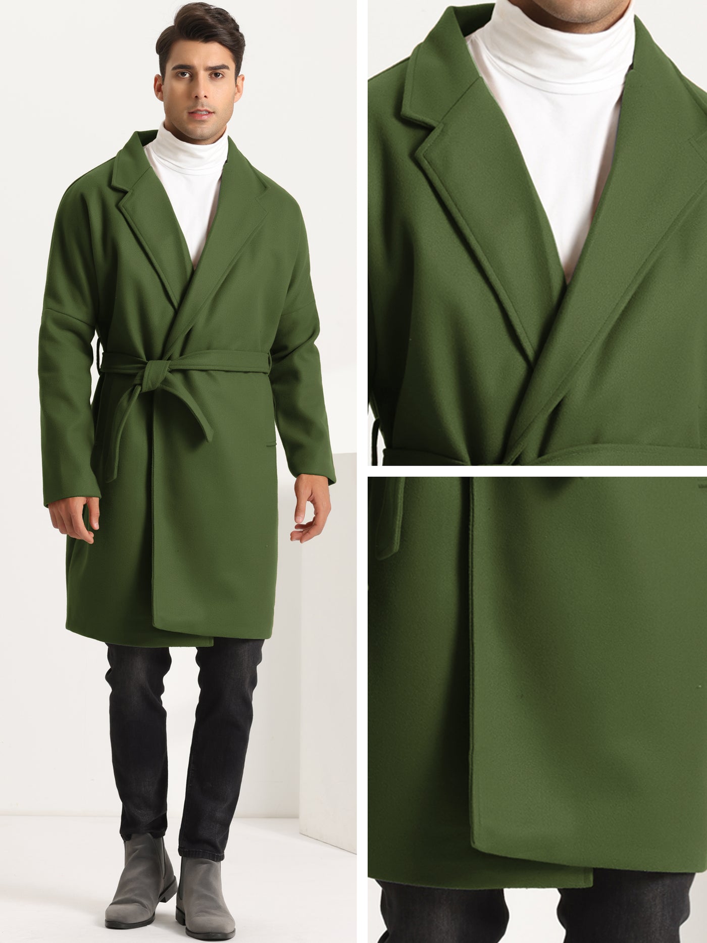 Bublédon Trench Coat for Men's Classic Fit Solid Notch Lapel Belted Winter Long Overcoat