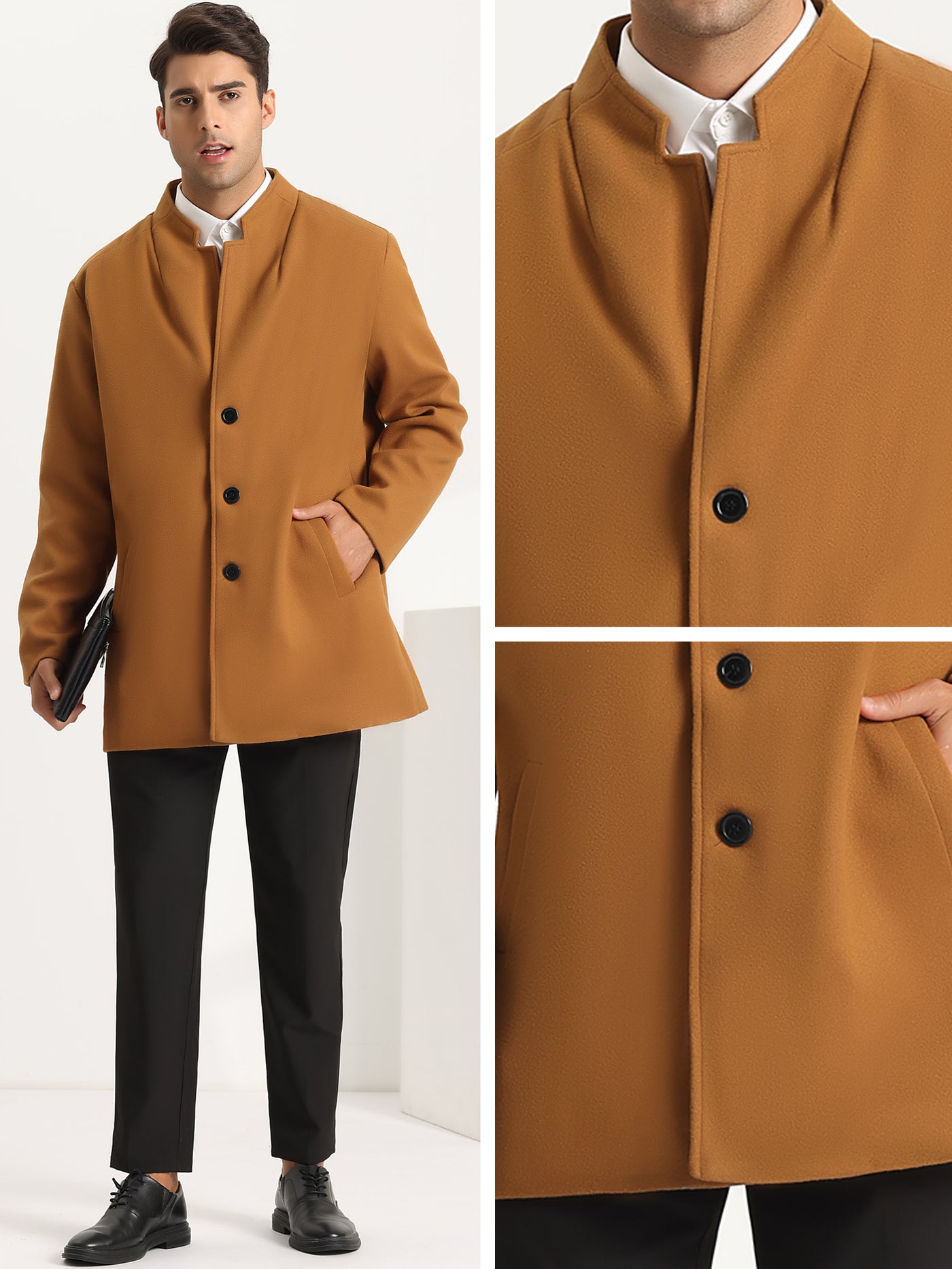Bublédon Coats for Men's Winter Stand Collar Single Breasted Mid-Length Formal Overcoat