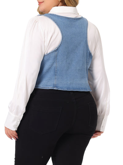 Women's Plus Size Denim Sleeveless Jacket Button Up Vintage Jean Waistcoat Vests