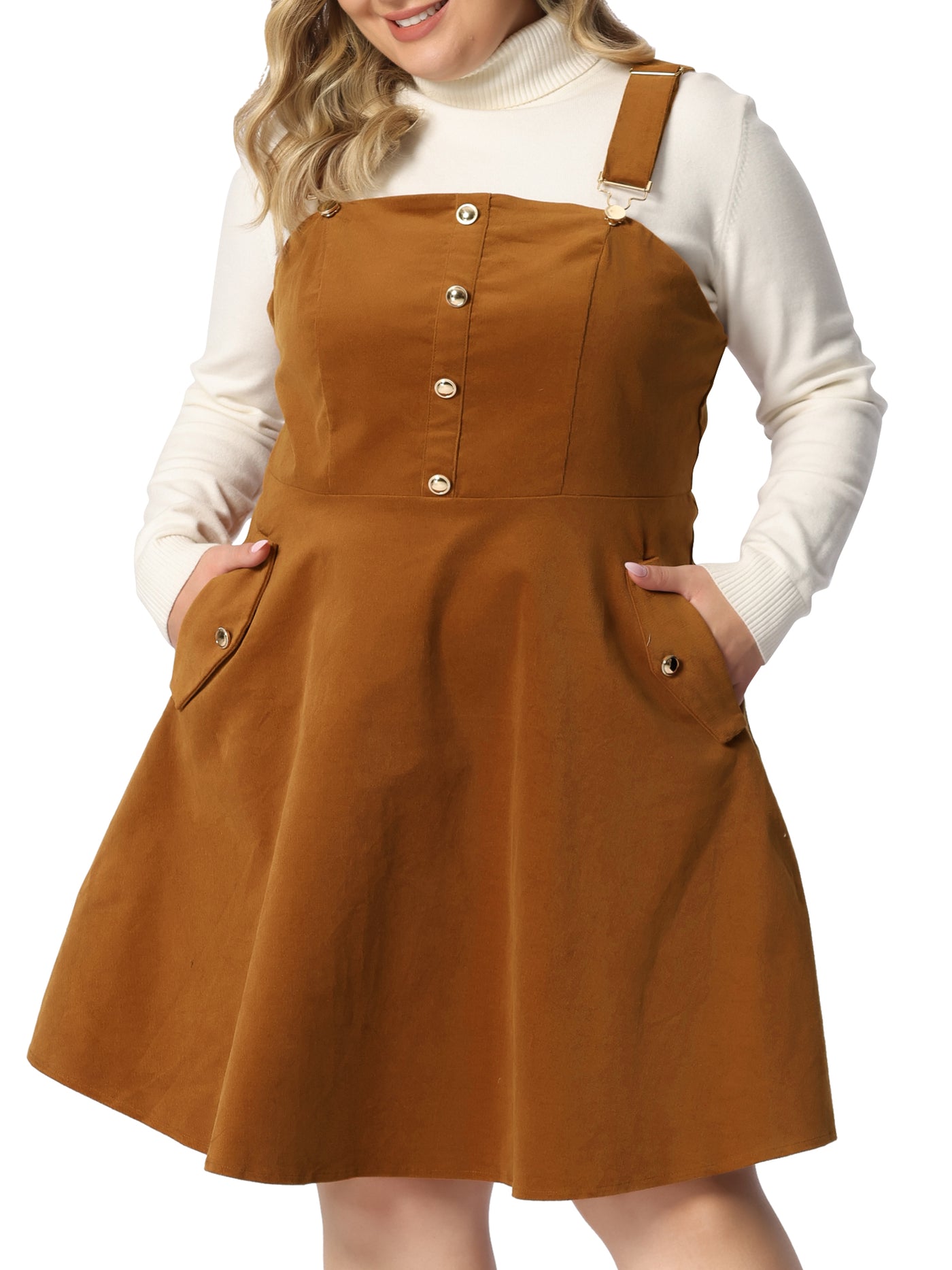 Bublédon Plus Size Corduroy Pinafore Adjustable Strap Overall Dress Suspender Skirt