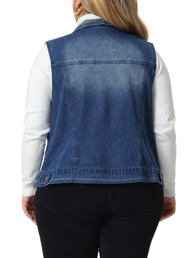 Plus Size Causal Sleeveless Zip Washed Denim Vest Jacket