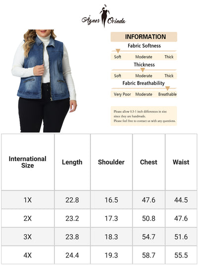 Plus Size Causal Sleeveless Zip Washed Denim Vest Jacket