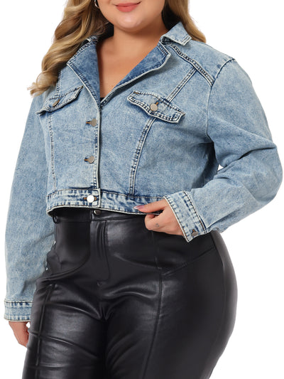 Bublédon Denim Jackets for Women 2023 Plus Size Retro Notched Lapel Long Sleeve Washed Crop Jean Jacket